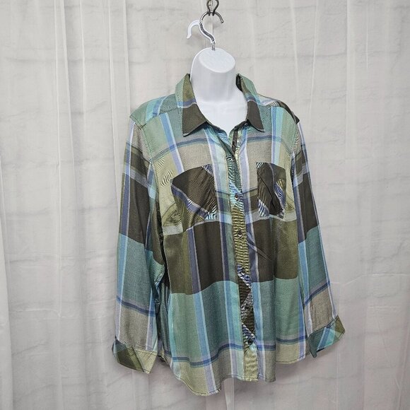 CJ Banks Green Blue Plaid Button Metallic Blouse Casual 1X - Picture 6 of 13